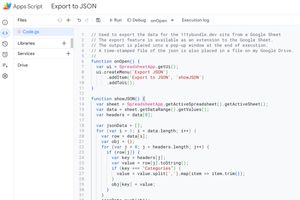 The top portion of the Google Apps script to export a Google Sheet to json.